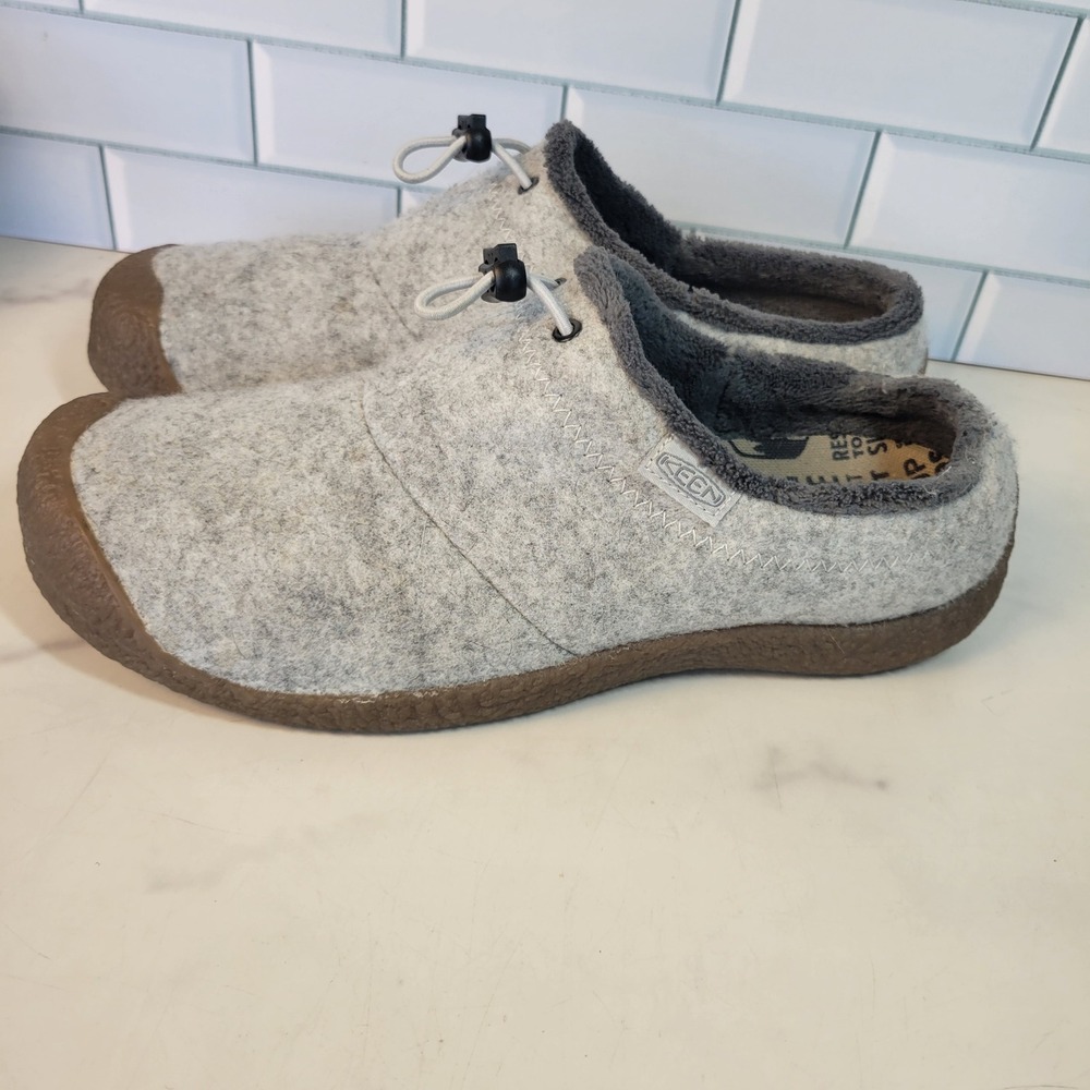 Keen Howser III Slide Grey Felt Fleece Lined Slippers Womens 10 Bungee Lace